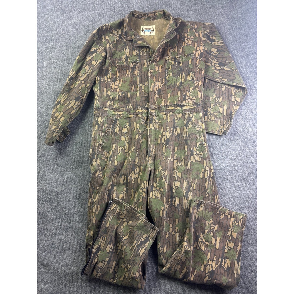 VNTG Deer River Camo Coveralls Mens XL Brown Green Trebark Hunting Jumpsuit USA